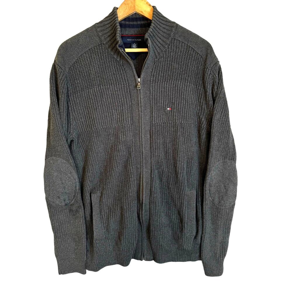 Tommy Hilfiger Grandpa Sweater Mens XL Thick Gray Full Zip Dad Retro Y2K Pockets